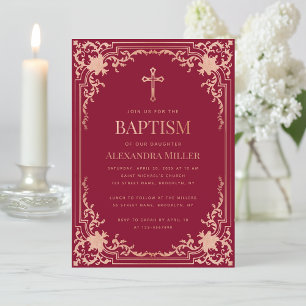 Girl Baptism Pink Burgundy Rose Gold Cross Elegant Invitation