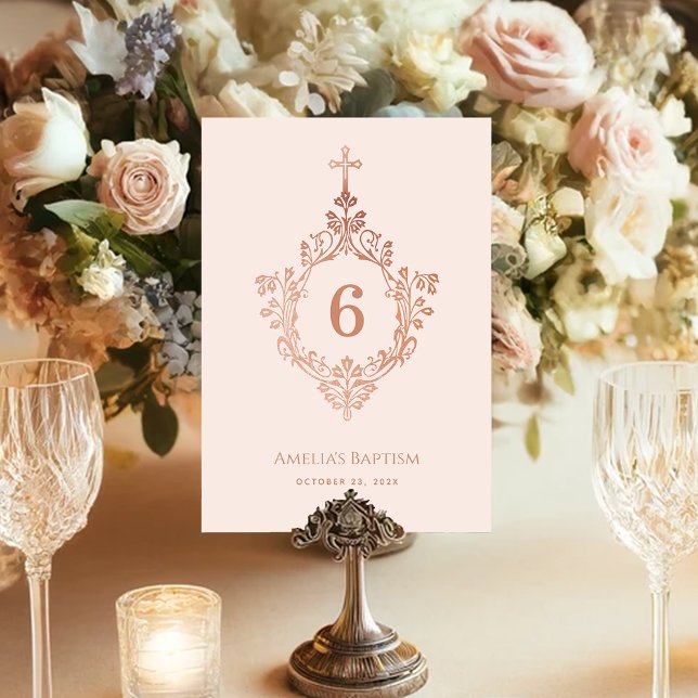 Girl Baptism Pink Elegant Rose Gold Cross on Crest Table Number (Creator Uploaded)