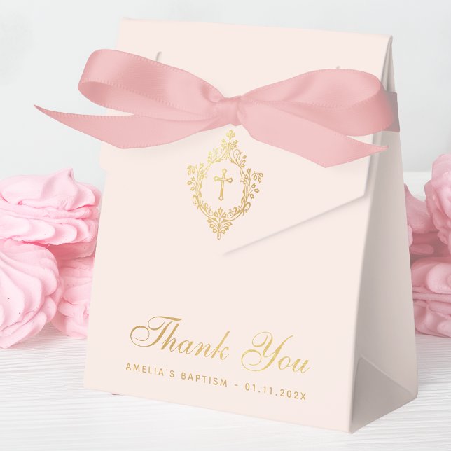 Girl Baptism Pink Faux Gold Cross Crest Thank You Favour Box (Creator Uploaded)
