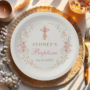 Girl Baptism Pink Floral Bow Paper Plate