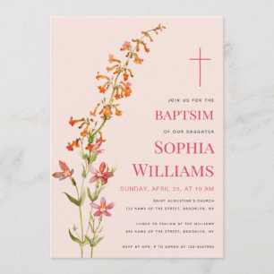 Girl Baptism Pink Floral Watercolor Wildflowers Invitation