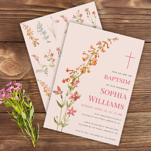  Girl Baptism Pink Floral Watercolor Wildflowers Invitation