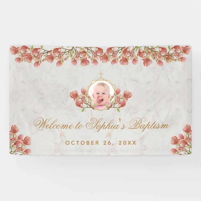 Girl Baptism Pink Magnolia Gold Calligraphy Photo Banner (Horizontal)