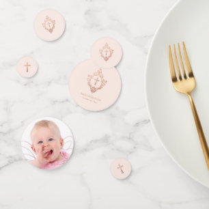 Girl Baptism Pink Photo & Rose Gold Vintage Crest Confetti