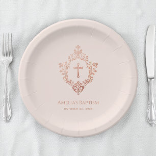 Girl Baptism Pink Rose Gold Elegant Vintage Crest Paper Plate