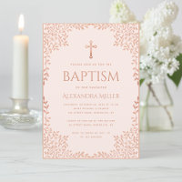 Girl Baptism Pink Rose Gold Elegant Vintage Leaves
