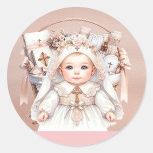 Girl Baptism Rose Gold Christening Basket Classic Round Sticker