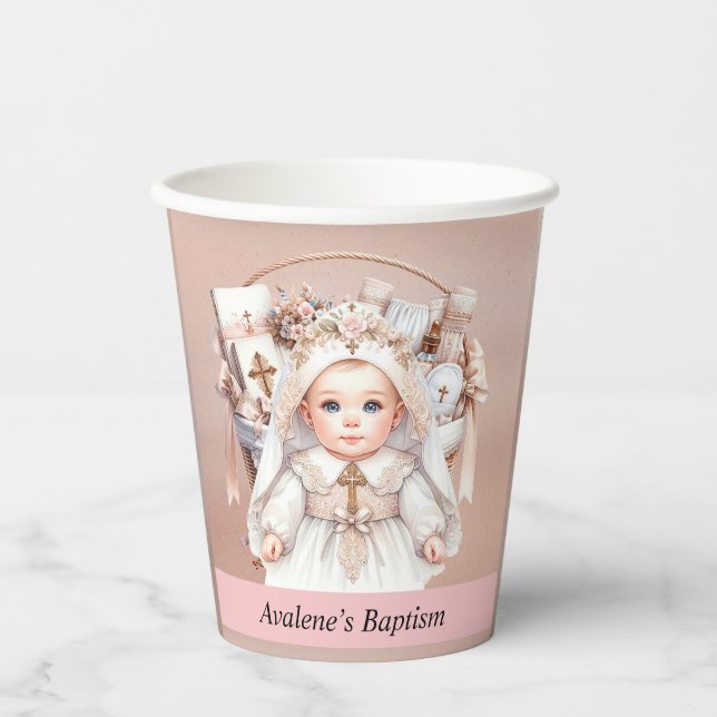 Girl Baptism Rose Gold Christening Basket Paper Cups (Front)