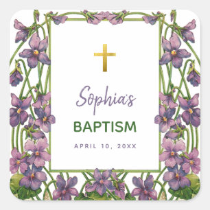 Girl Baptism Violet Floral Purple Green Gold Cross Square Sticker