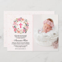 Girl Baptism Watercolor Pink Floral Invitations