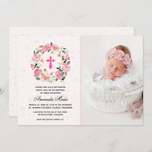 Girl Baptism Watercolor Pink Floral Invitations
