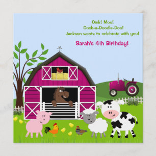 Girl Barnyard Farm Animals Birthday Invitations