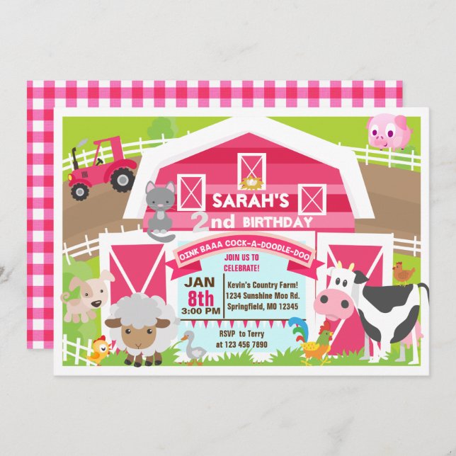 Girl barnyard invitation - Farm Birthday (Front/Back)