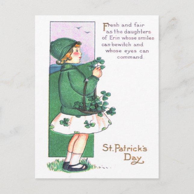 Girl Basket Shamrocks Postcard (Front)