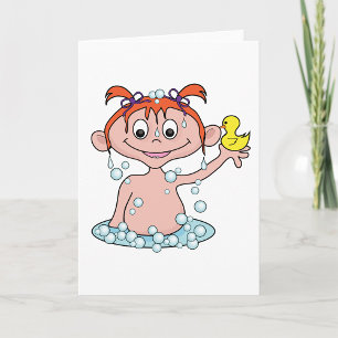 Girl Bath Time Fun with Rubber Duck and Bubbles  Card