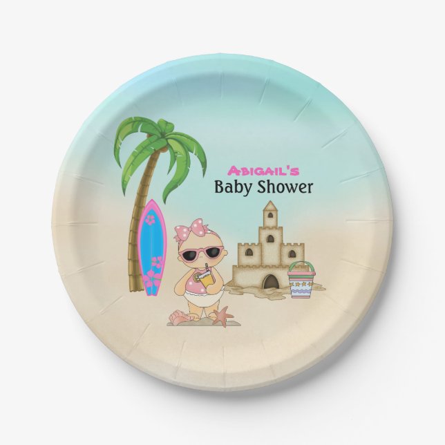 Girl Beach Baby Sandcastle, Surfboard Baby Shower Paper Plate (Front)