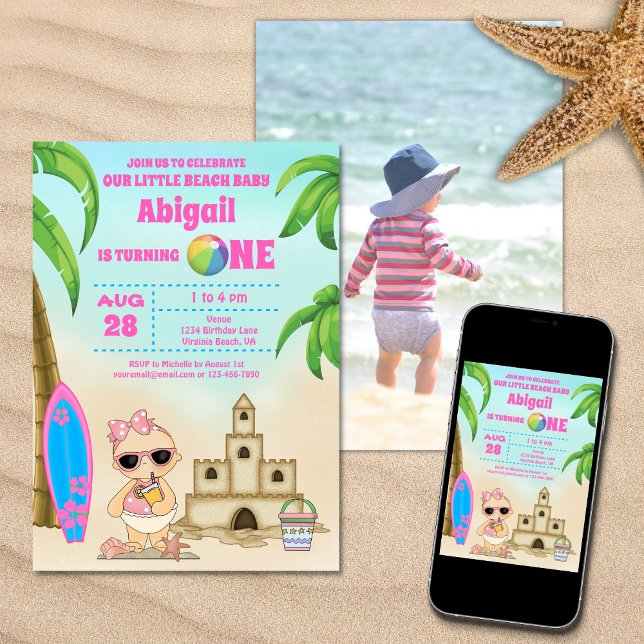 Girl Beach Baby Surfboard 1st Birthday PHOTO Invitation (Printed (Front and Back) and Digital Girl Beach Baby Surfboard 1st Birthday PHOTO Invitation)