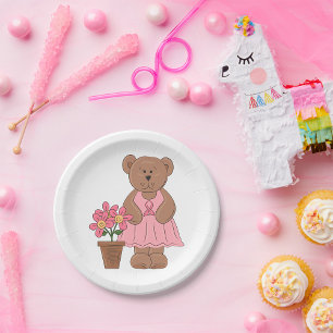 Girl Bear And Flowers Paper Plate