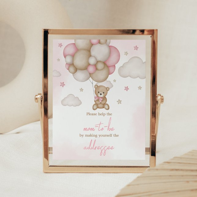 Girl Bear Balloon Baby Shower Envelope Station Poster (Pink Boho Bear Balloon Baby Shower Envelope Station Sign)