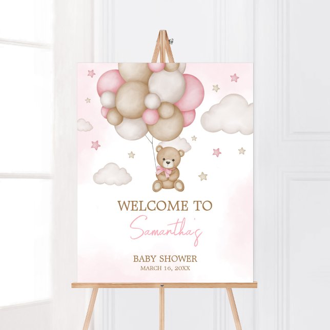 Girl Bear Balloon Baby Shower Welcome Poster (Pink Boho Bear Balloon Baby Shower Welcome Sign)