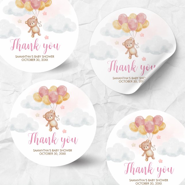 Girl Bear Bearly Wait Baby Shower Classic Round Sticker (We Can Bearly Wait Bear Balloons Baby Shower Sticker)