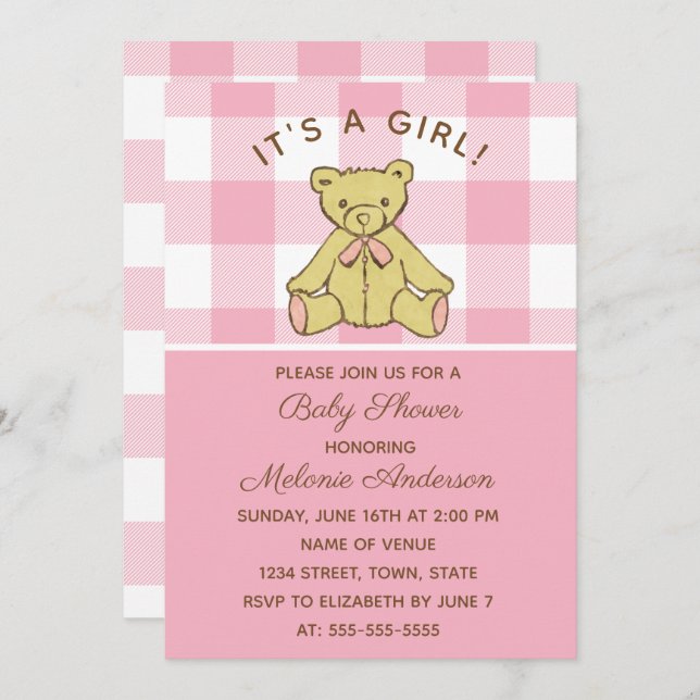 Girl Bear Pink Baby Shower Invitation (Front/Back)