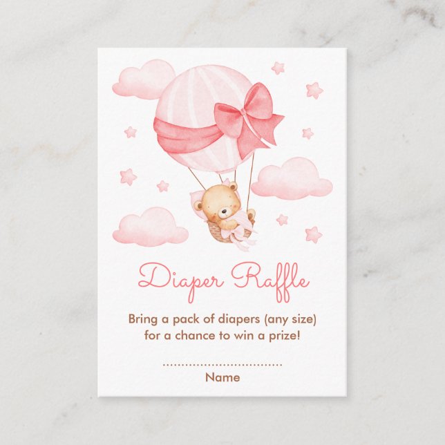 Girl Bear Pink Balloon Baby Shower Diaper Raffle Enclosure Card (Front)