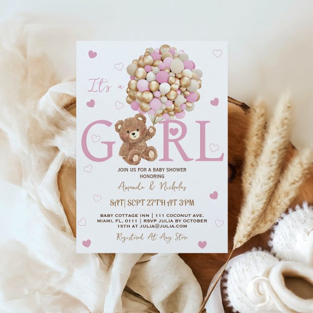 Girl Bear Pink Gold Balloons Baby Shower Invitation (Creator Uploaded)