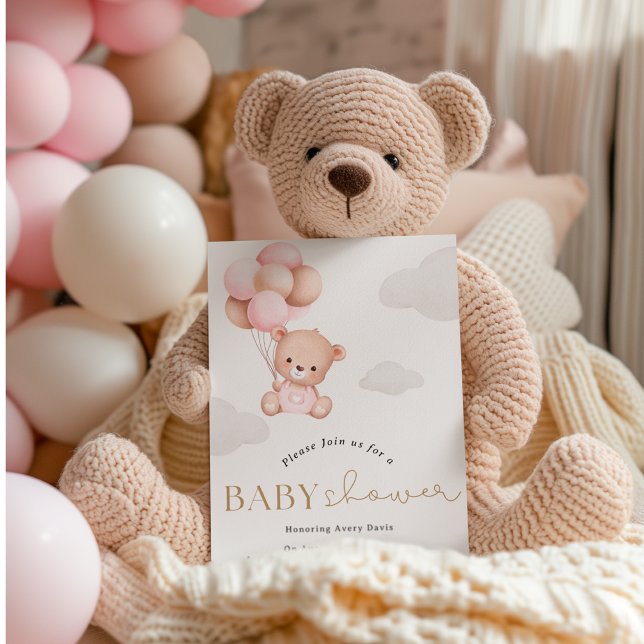 Girl Bear with Balloons Baby shower Invitation (Creator Uploaded)