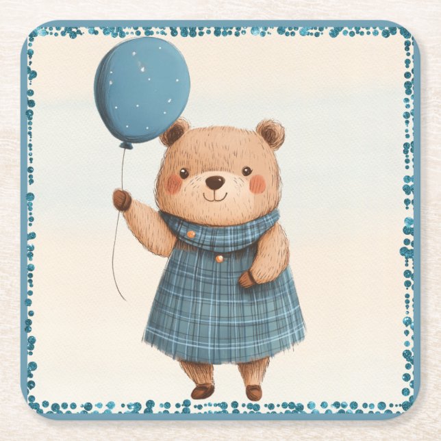 Girl Bear with Blue Plaid Dress and Balloon Square Paper Coaster (Front)