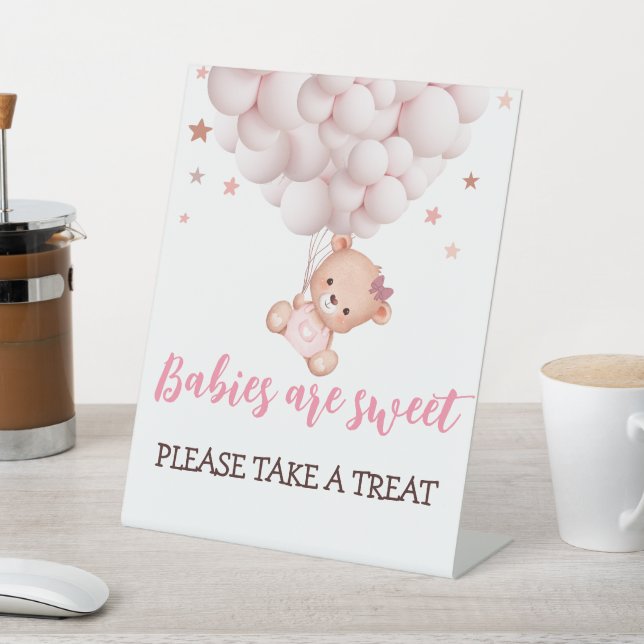 Girl Bearly Wait Pink Bear Baby Shower Favours Sig Pedestal Sign (In SItu)
