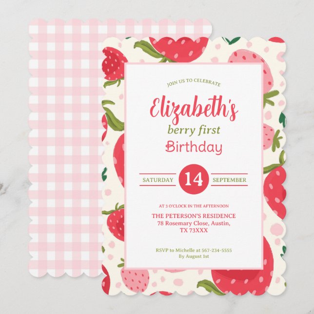 Girl Berry First Birthday Cute Strawberry Pattern Invitation (Front/Back)