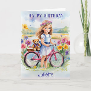Girl Bicycle Flowers Teddy Kids Happy Birthday Card