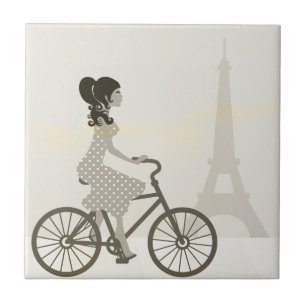 Girl Bicycle in Paris, Woman Cycling eiffel tower Tile