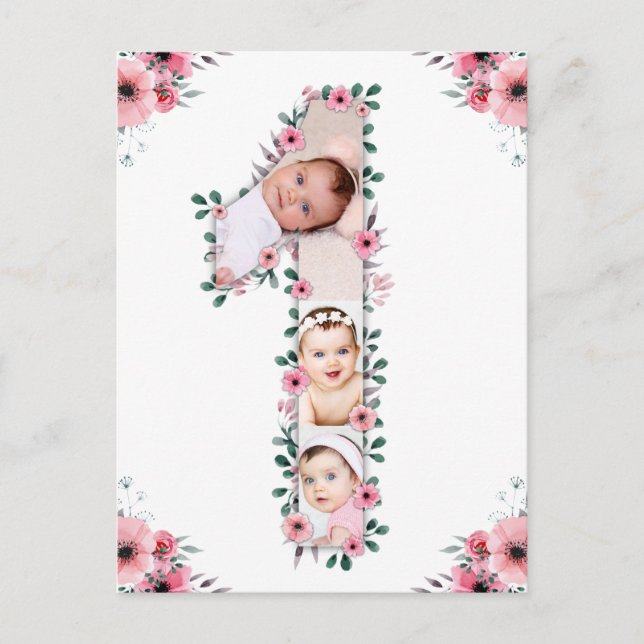 Girl Big 1st Birthday Photo Collage Pink Flower Postcard (Front)