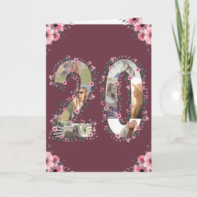 Girl Big 20th Birthday Photo Collage Pink Flower  Card (Front)