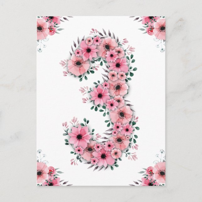 Girl Big 3rd Birthday Pink Flowers Green Foliage Postcard (Front)