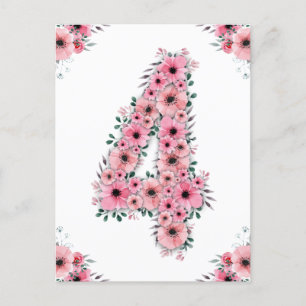 Girl Big 4th Birthday Pink Flowers Green Foliage Postcard