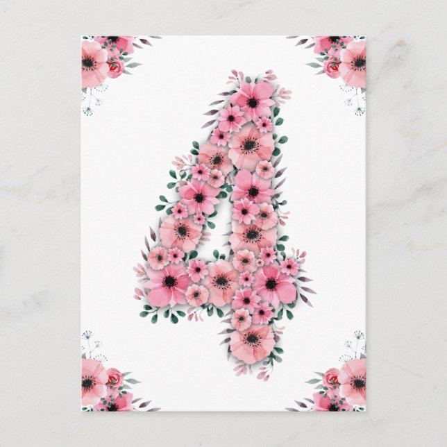 Girl Big 4th Birthday Pink Flowers Green Foliage Postcard (Front)