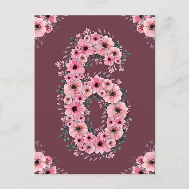 Girl Big 6th Birthday Pink Flowers Green Foliage Postcard (Front)