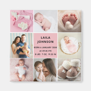 Girl Birth Announcment Personalize 8 Photo Pink Magnet