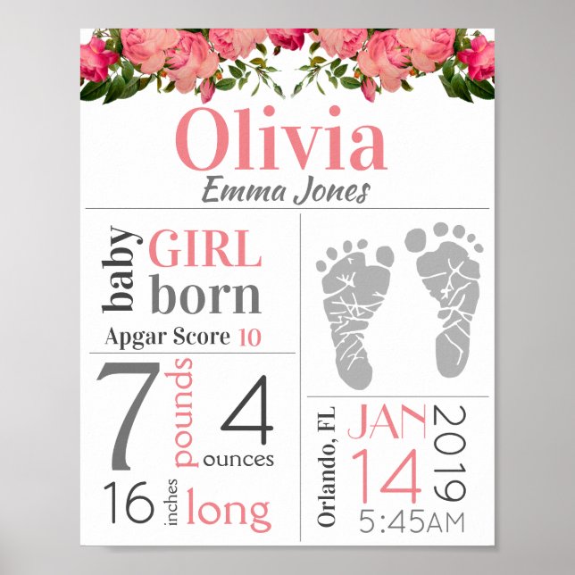 Girl Birth Stat Sign Pink Floral Footprint USA (Front)