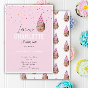 Girl Birthday Invite 1st Birthday Baby Face Photo