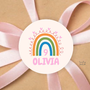 Girl Birthday Party Cute Rainbow Kids Custom Name Classic Round Sticker