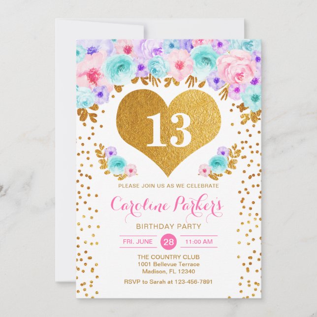 Girl Birthday Party - Gold Heart Teal Purple Pink Invitation (Front)