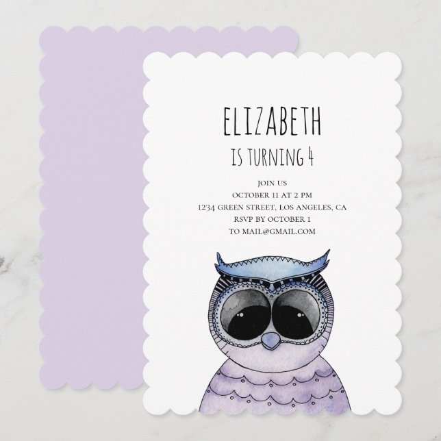 Girl birthday party invitation. Watercolor owl Invitation (Front/Back)