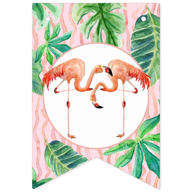 Girl Birthday Party Pink Flamingo Leaf Watercolor Bunting (First Flag)