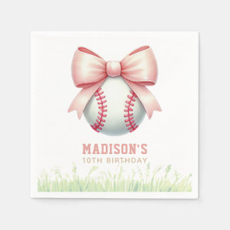 Girl Birthday Personalized Pink Baseball Bow Napkin