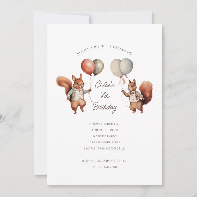 Girl Birthday Squirrel Invitations (Front)