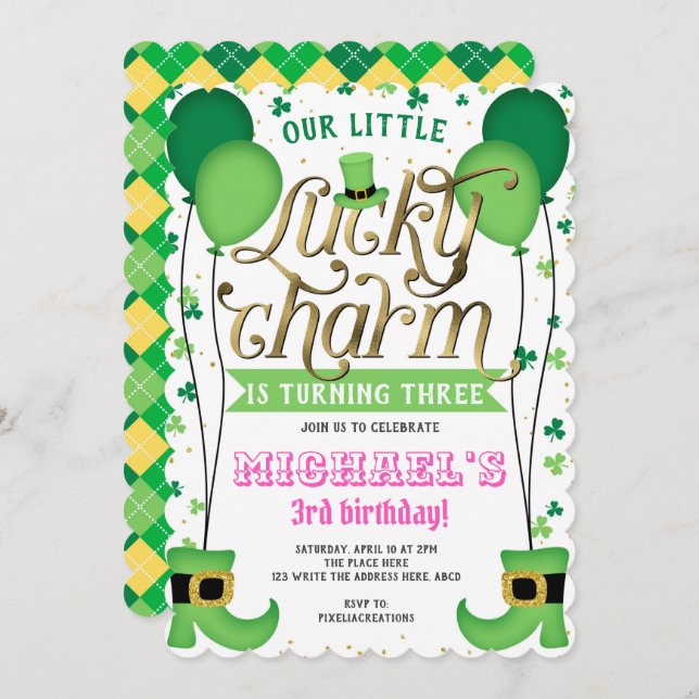 Girl Birthday, St Patrick's Day, Lucky Charm Invitation (Front/Back)